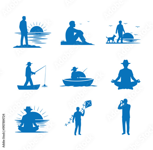 Set of blue silhouette icons depicting people enjoying outdoor activities by water  relaxation and recreation