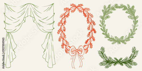Vintage illustrations of drapery wreath and laurel branch designs