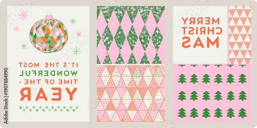 Colorful christmas patterns and holiday greetings on a patterned background