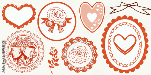 Collection of decorative hand drawn hearts roses and floral frames in orange