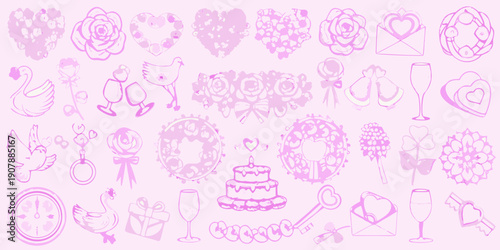 A collection of delicate pink sketches depicting romantic and celebratory symbols
