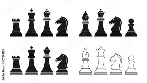 Detailed collection of chess piece icons featuring silhouettes and outlines of kings, queens, knights, bishops, and rooks.