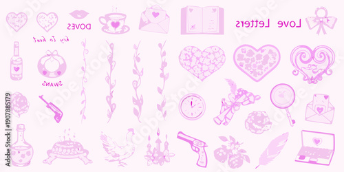 Aesthetic collection of pink illustrated objects and whimsical symbols