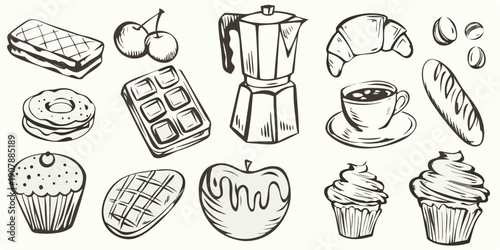 A collection of hand drawn breakfast and sweet treat illustrations