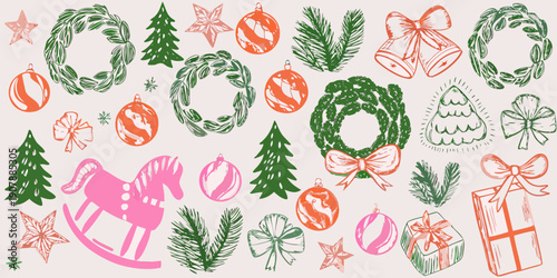 Festive christmas doodles wreaths ornaments rocking horse and holiday elements