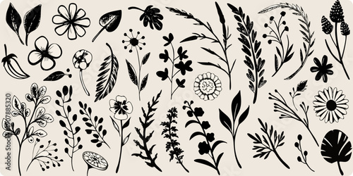 Botanical illustration featuring a variety of sketched flowers and foliage