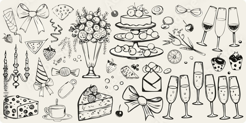 A whimsical sketch of celebration elements cakes flowers and champagne