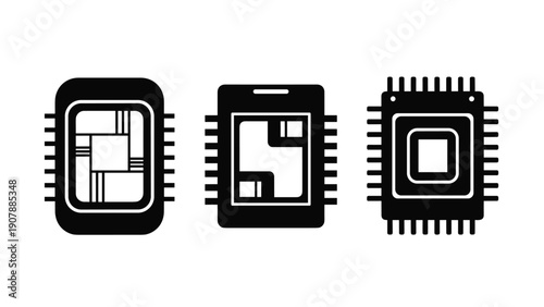 Set of three computer microchip and processor icons in black silhouette style for technology and computing concepts.