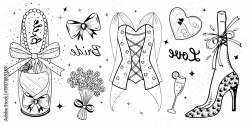 Elegant black and white illustrations of fashion accessories and romantic elements