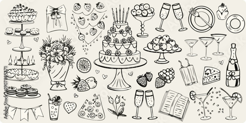 Hand drawn illustration featuring celebratory desserts champagne and floral arrangements
