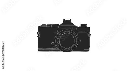 Black silhouette of a camera, positioned centrally on a white background. It's a classic design
