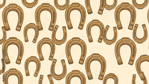 Seamless pattern of brown horseshoe symbols on a light background representing luck and equestrian themes.