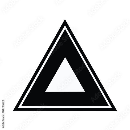 An abstract black 3D triangle vector icon designed as a modern pyramid symbol for a yellow road caution sign or web button illustration