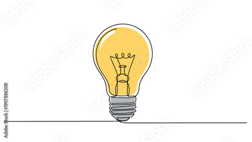 Single continuous line drawing of a glowing yellow light bulb representing a bright idea and creativity.