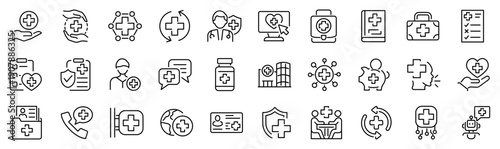 Set of 30 outline icons related to medical cross. Linear icon collection. Editable stroke. Vector illustration