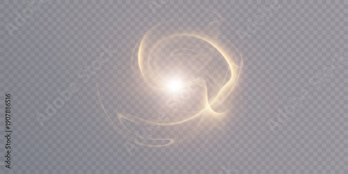 Glowing golden light ring swirl with bright flare and soft blur, isolated on transparent. Abstract luminous loop for energy, magic and lens flare effects. Vector.