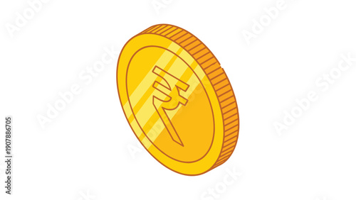 Golden Indian Rupee coin illustration at an isometric angle representing financial prosperity and wealth.