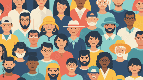 Dense illustration of a diverse crowd of people showing various ethnicities, ages, and styles in a community.