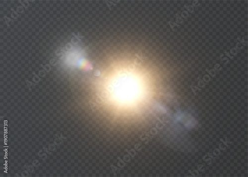 Bright sun glow with lens flare and rainbow bokeh, isolated on transparent. Vector sunlight overlay with soft halos, rays and glare.