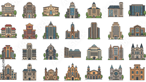 Large collection of diverse building icons representing different architectural styles from classical to modern designs.