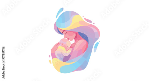 Breathtaking abstract illustration: serene mother holding sleeping baby enveloped by flowing pastel colors symbolizing tranquil love and profound motherhood, Generative AI.