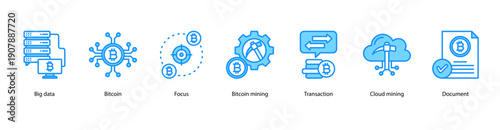 Bitcoin and Big Data web banner vector illustration featuring Big data, Bitcoin, Focus, Bitcoin mining, Transaction, Cloud mining, and Document.