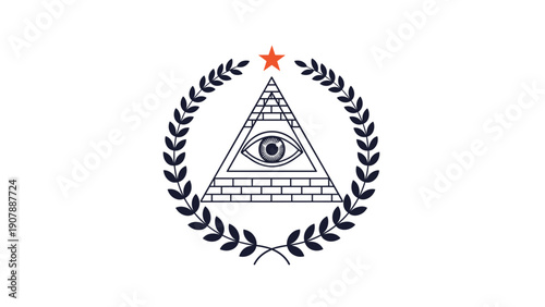 All seeing eye pyramid symbol with a star and laurel wreaths representing knowledge and mystical themes.