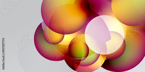 Abstract colorful circles overlap, creating vibrant gradients. Background features dark, light contrasts. Modern design element.