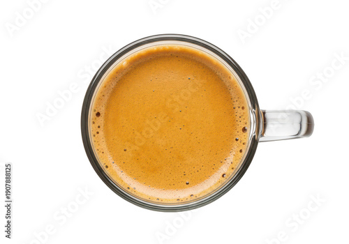 Top down view of espresso in a clear glass cup on transparent background