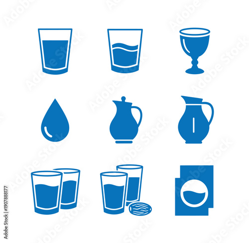 blue icons of various drinking glasses and jugs with liquid and a water drop on white background