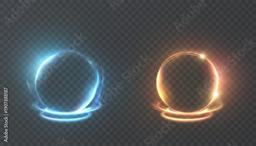 Blue and orange glowing portal rings with soft plasma aura and light streaks, isolated on transparent background. Futuristic circular UI frames for overlays, VFX and game HUD.