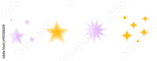 Grain y2k noise purple and yellow gradient stars and stardust. Blinks with stippled texture. Sparkling grainy gradation graphic design with spray-painted aesthetic noise overlay. Vector set isolated.