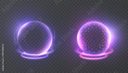Glowing purple neon magic sphere with halo ring and particle core, isolated on transparent. Vector orb portal for fantasy spells, sci-fi UI effects.