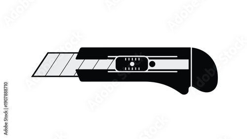 Silhouette icon of a utility knife or box cutter with a segmented blade used for manual cutting and DIY projects in various crafts.