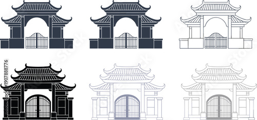 Asian traditional gate architecture set with pagoda roof oriental entrance facade cultural heritage decorative vector illustration collection design
