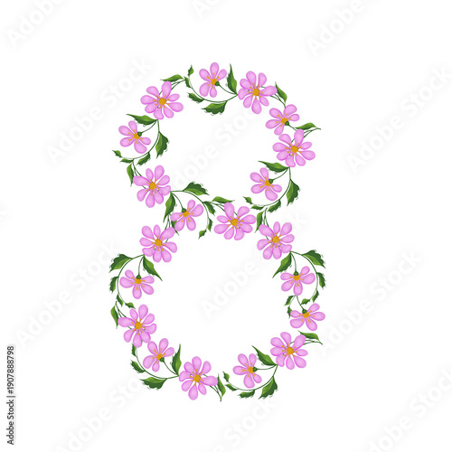 The number 8 is made of pink flowers. Computer illustration.