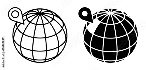 Linear isometric icon. Navigation mark indicates destination on digital globe. Simple vector isolated on white background