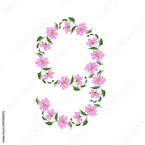 The number 9 is made of pink flowers. Computer illustration.