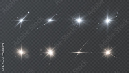 Set of realistic sparkling stars, bright glowing light effects and lens flares isolated on transparent background.