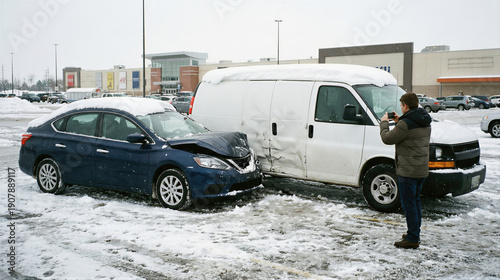 Man taking photo of car accident in snow. Winter collision between sedan and van. Insurance claim due to weather hazard concept.