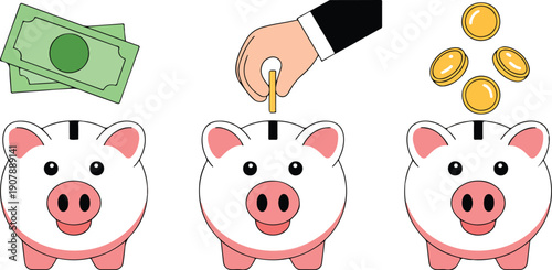 Piggy Bank Savings Outline Set  Money Deposits and Coin Accumulation