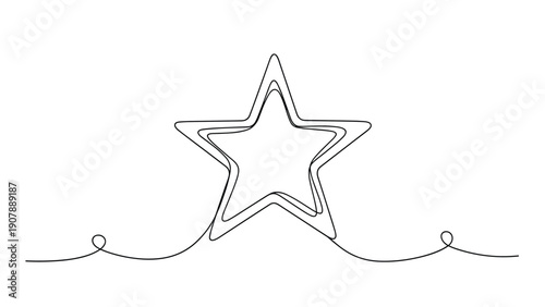 Five pointed star continuous line drawing with overlapping strokes creating a minimalist symbol of success, fame, and achievement.