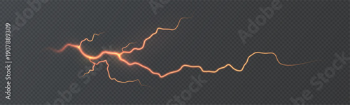 Glowing orange lightning with branching electric arcs, for dark backgrounds. Vector energy strike effect for science fiction, power and magic overlays.