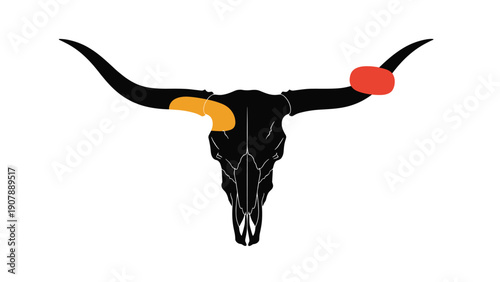 Longhorn cow skull silhouette with orange and red accent shapes on the horns representing western, ranch, and desert animal themes.