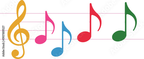 Colorful Musical Notes Outline Collection  Treble Clef and Staff Lines