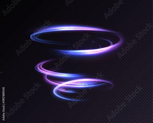 A glowing neon vortex with purple and blue gradients, glowing spiral rings, and soft motion blur on a dark background. An abstract energy effect for design and overlays.