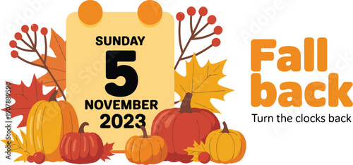 Fall Back Daylight Saving Outline Set  Autumn Pumpkins and Leaves