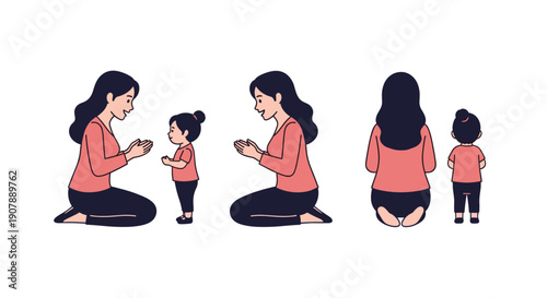 Respectful cartoon series: mother and daughter performing Wai greeting multiple angles symbolizing cultural respect gratitude and loving bond, Generative AI.