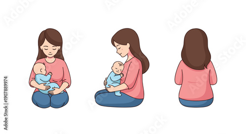 Charming Cartoon Illustration Featuring a Mother Gently Holding Her Baby in Three Different Poses: Front Side and Back View Portraying Loving Maternal Care and Comfort, Generative AI.