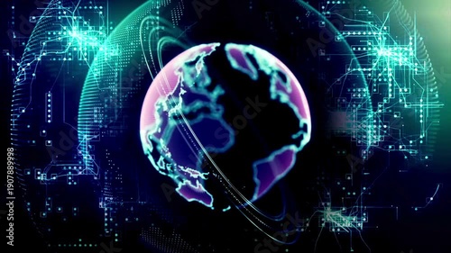 Vibrant digital globe with futuristic circuit patterns and neon lights